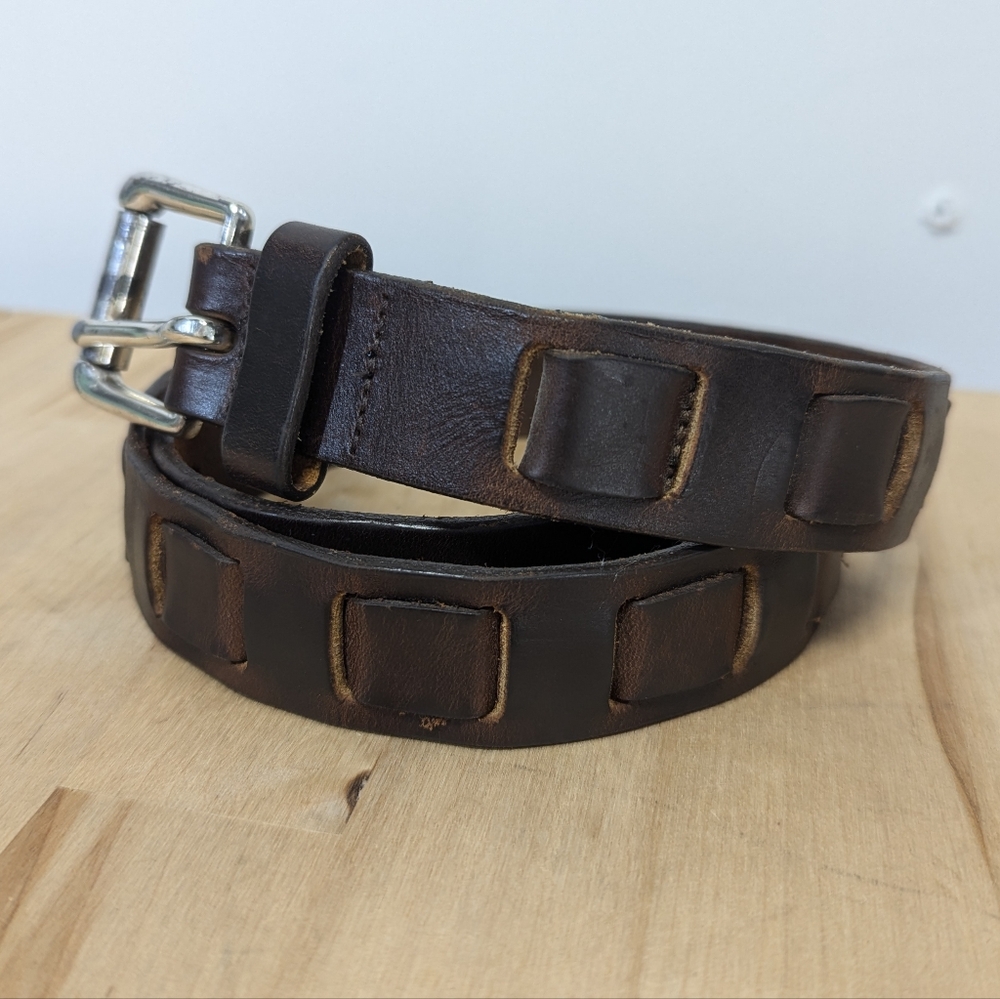 Unique Vintage Thick Woven Leather Brown Belt Heavy Buckle Square Texture S